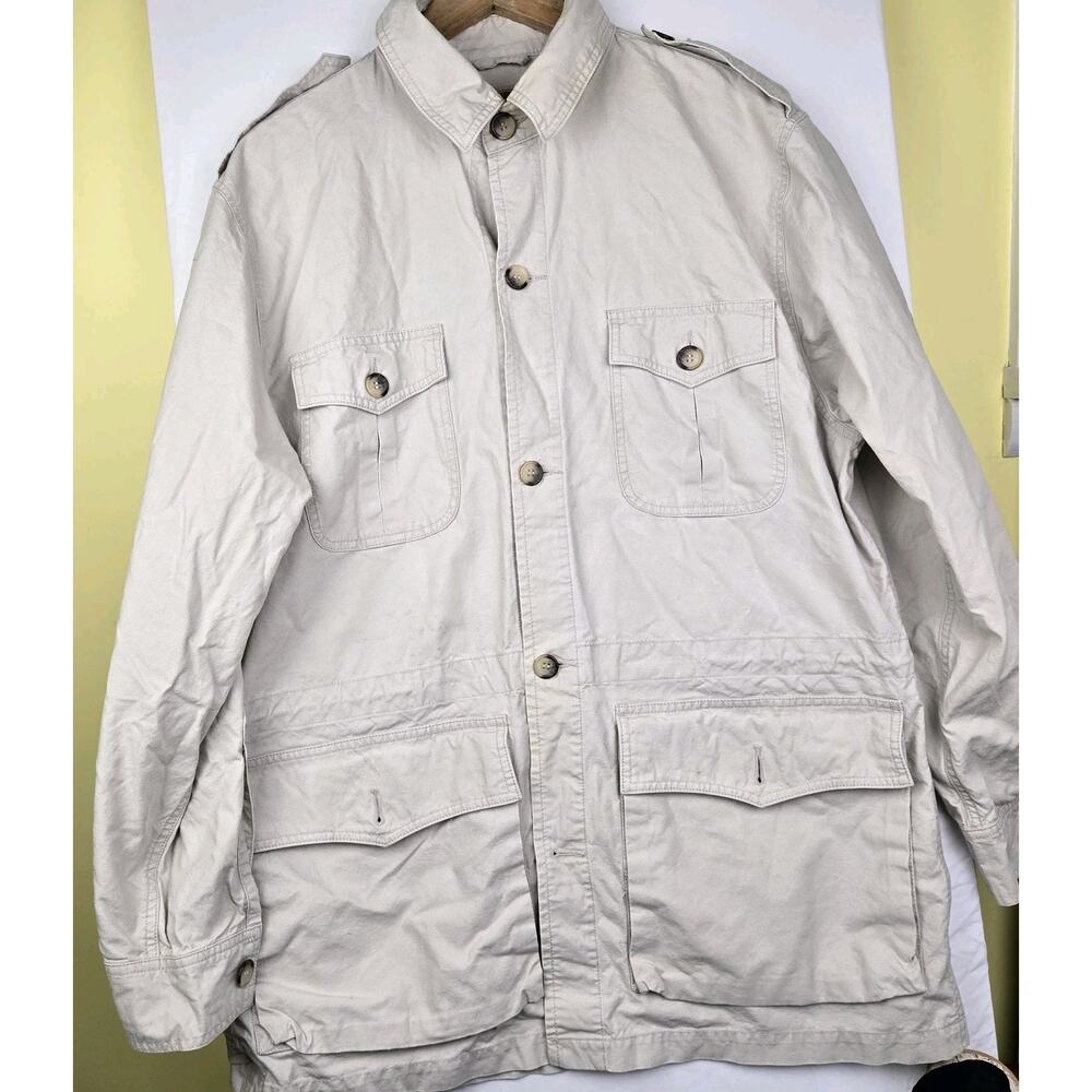 VTG Banana Republic Safari‎ Utility Jacket Khaki Beige Cotton Men's Large. Flaws